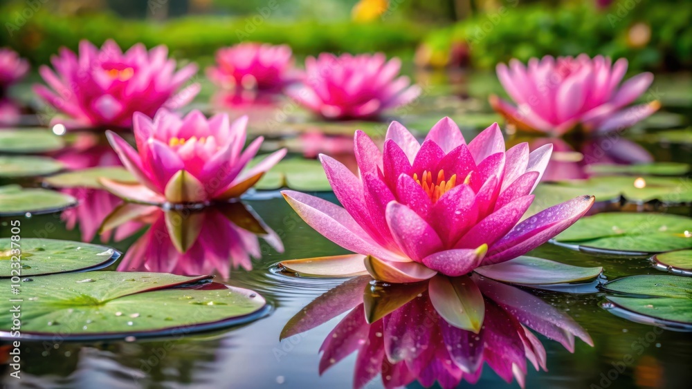 A delicate pink water lily blooms gracefully on the surface of a still pond, surrounded by its lush green leaves and mirroring reflections. A delicate pink water lily blooms gracefully on the surface of a still pond, surrounded by its lush green leaves and mirroring reflections.