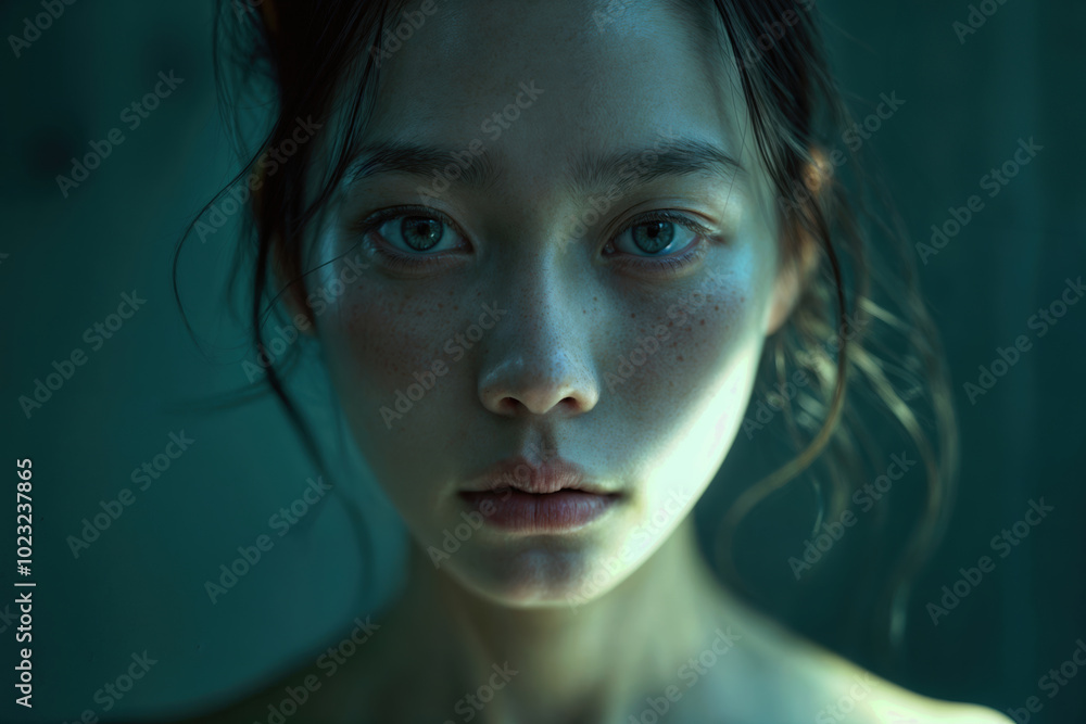 Close-up portrait of young Asian woman with freckles, intense gaze in teal-toned lighting, conveying mystery and introspection, her dark hair slightly disheveled Close-up portrait of young Asian woman with freckles, intense gaze in teal-toned lighting, conveying mystery and introspection, her dark hair slightly disheveled