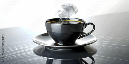 3D Glossy Black Countertop with Coffee Cup: Close-Up of Modern Design and Light Reflections for Coffee Backgrounds