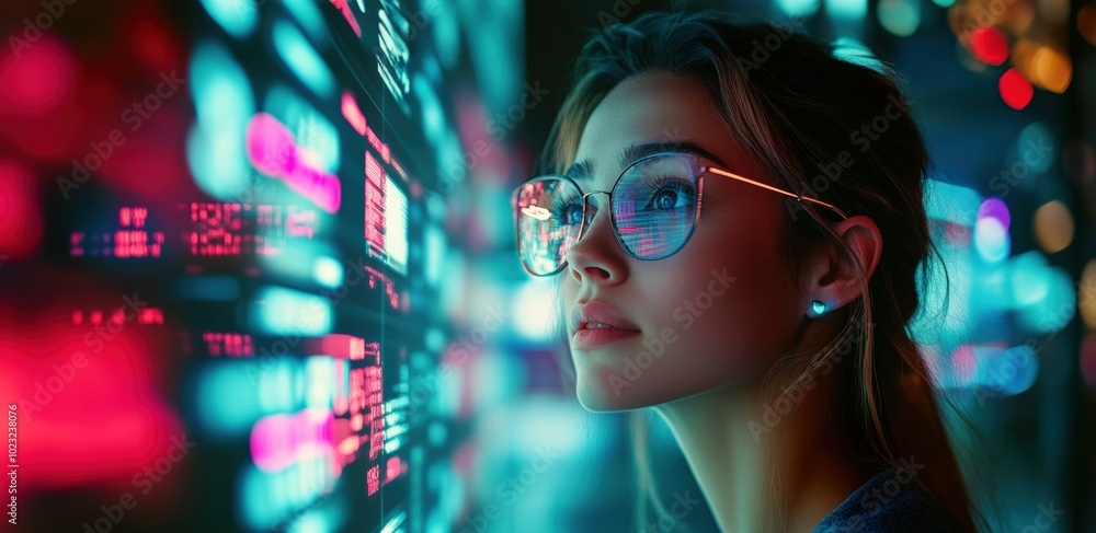 Young woman in glasses with data and graphs on screen - technology and future concept. neon colors. virtual reality. Copy space. Young woman in glasses with data and graphs on screen - technology and future concept. neon colors. virtual reality. Copy space.
