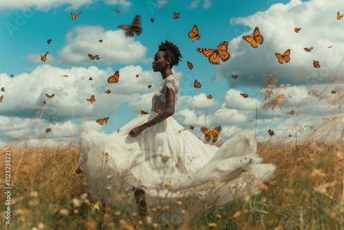 Black woman in white dress butterfly fashion animal. photo