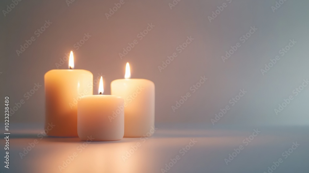 A set of softly flickering pillar candles glowing on a clean white background A set of softly flickering pillar candles glowing on a clean white background