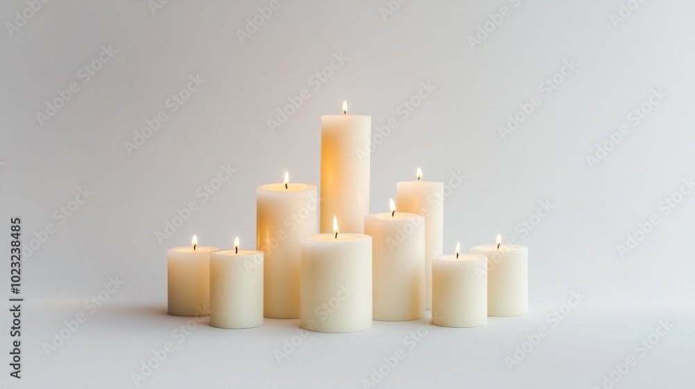 A set of softly flickering pillar candles glowing on a clean white background A set of softly flickering pillar candles glowing on a clean white background