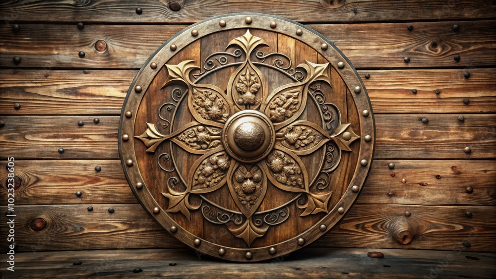 Ornate Wooden Shield with Intricate Carvings and Metal Accents Against a Rustic Wooden Background Ornate Wooden Shield with Intricate Carvings and Metal Accents Against a Rustic Wooden Background