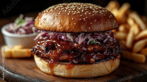 closeup of a succulent pulled pork sandwich drizzled with barbecue sauce nestled between toasted brioche buns garnished with fresh coleslaw vibrant colors and mouthwatering details