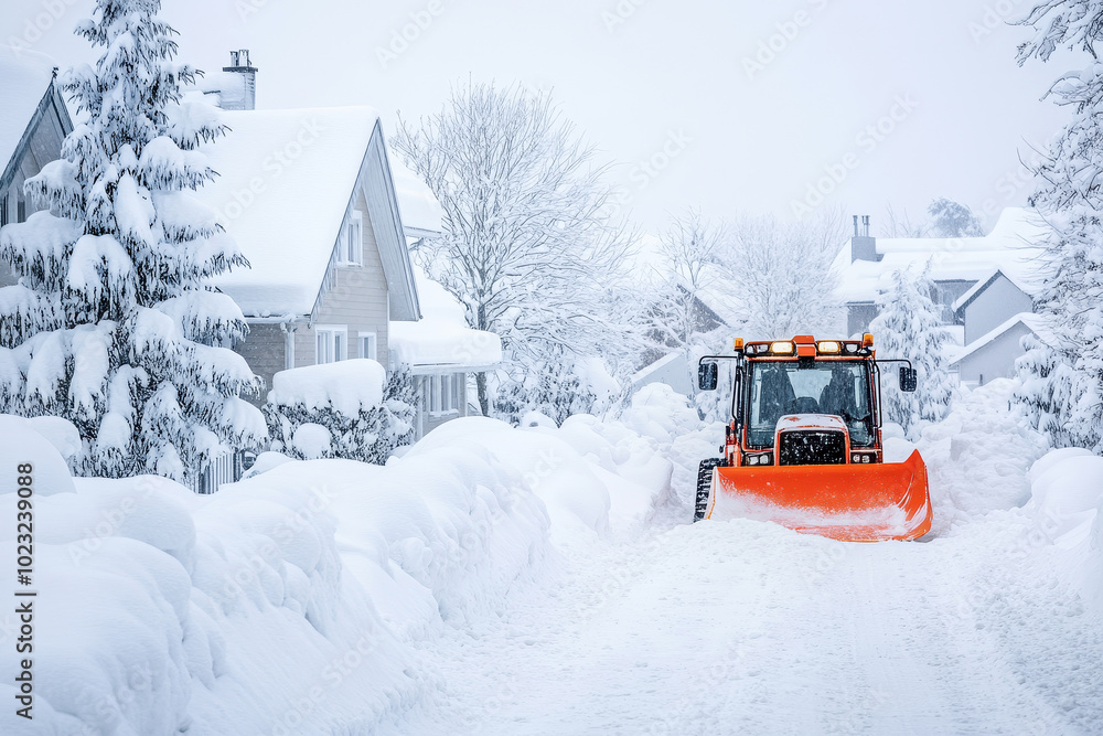 Snowplow clearing a residential road covered in deep snow after heavy snowfall Snowplow clearing a residential road covered in deep snow after heavy snowfall