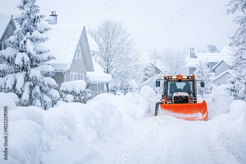 Snowplow clearing a residential road covered in deep snow after heavy snowfall