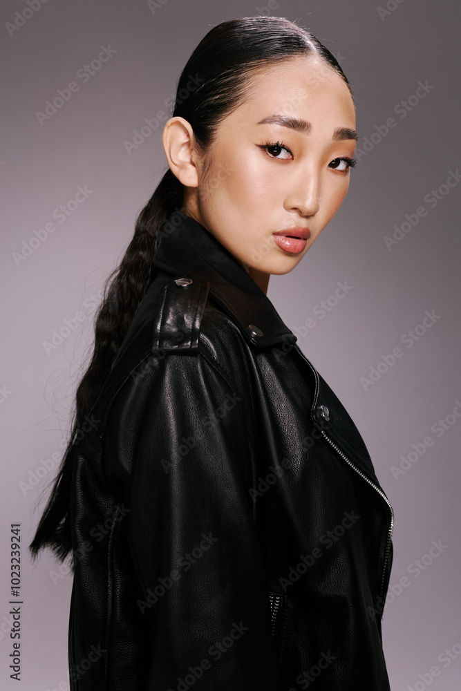 Naklejka premium Fashion, asian beauty, woman, black leather jacket, posing, hands on hips an attractive asian woman wearing a stylish black leather jacket strikes a pose for the camera