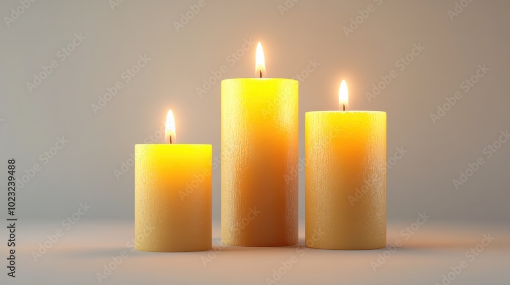 Elegant set of softly glowing pillar candles isolated on a blank white background Elegant set of softly glowing pillar candles isolated on a blank white background