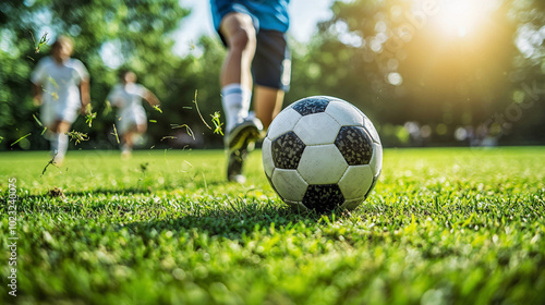 textured soccer game field with ball and soccer players playing - center, midfield photo