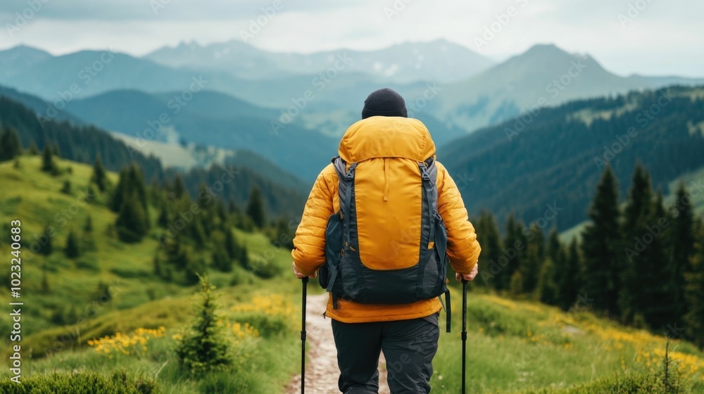 A backpacker with a large backpack and trekking poles navigating along a winding mountain trail surrounded by towering peaks lush green forests and a serene panoramic landscape A backpacker with a large backpack and trekking poles navigating along a winding mountain trail surrounded by towering peaks lush green forests and a serene panoramic landscape