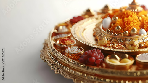 3D Icon Thali with Happy Sharad Purnima Text on Isolated White Background - Festive Scene with Detailed Thali and Cultural Celebration Elements | Camera Pan Movement Across Design