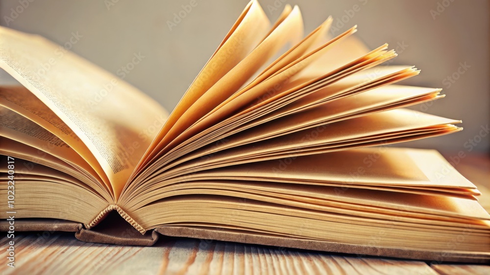 Fototapeta premium A well-worn book lies open on a wooden table, its aged pages fanning out like a delicate, sunlit landscape.