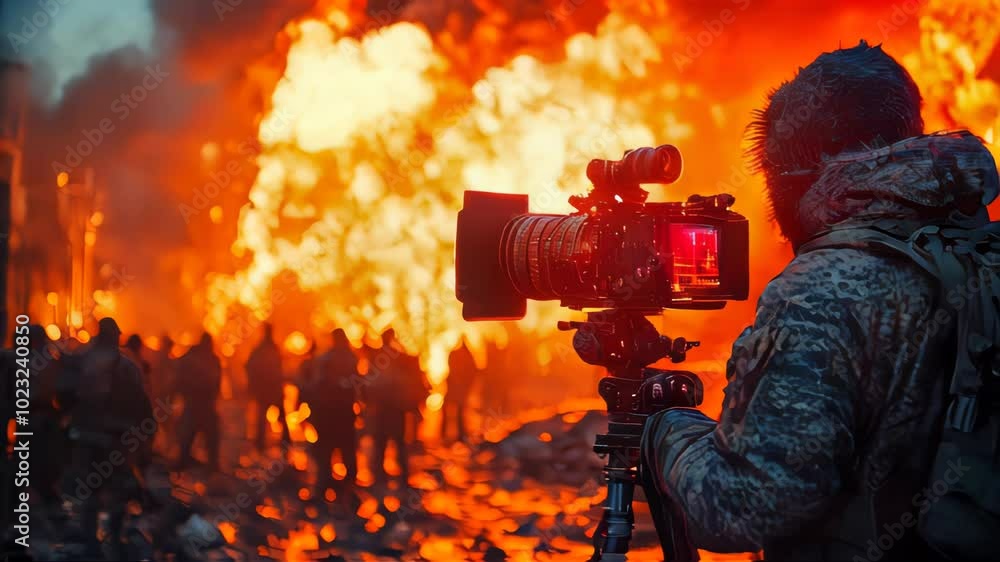 Brave cameraman filming intense scenes of flames and chaos in a conflict zone Brave cameraman filming intense scenes of flames and chaos in a conflict zone