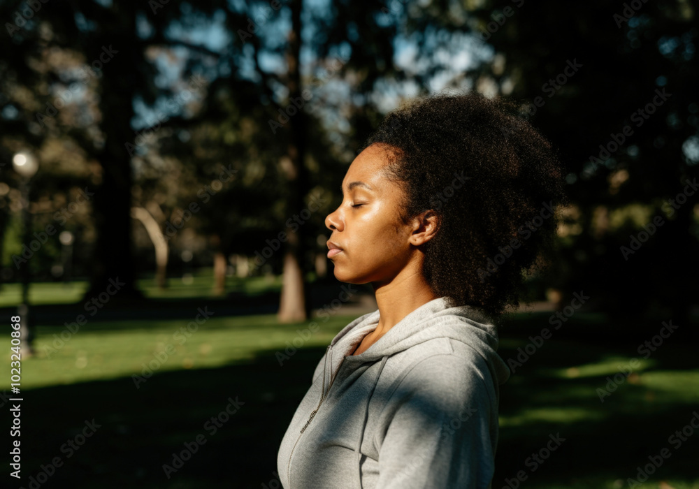 Young sportswoman is practicing a breathing exercise in a sunny park Young sportswoman is practicing a breathing exercise in a sunny park