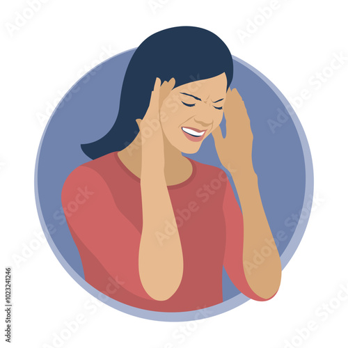 Woman with headache. A woman holds his head in pain. Flat design. Vector illustration on a white background.