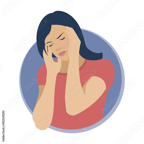 Woman with headache. A woman holds his head in pain. Flat design. Vector illustration on a white background.