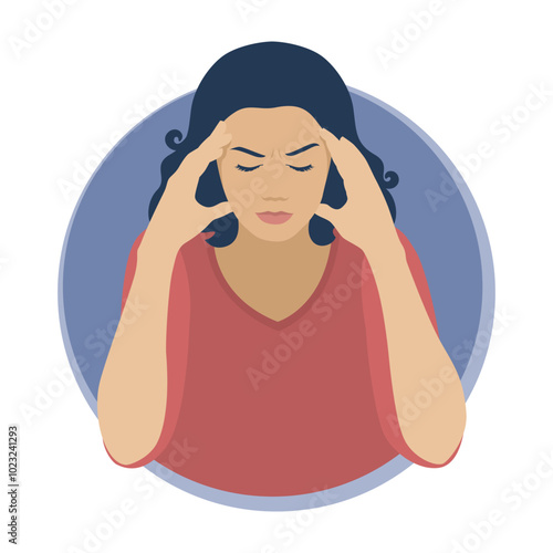Woman with headache. A woman holds his head in pain. Flat design. Vector illustration on a white background.