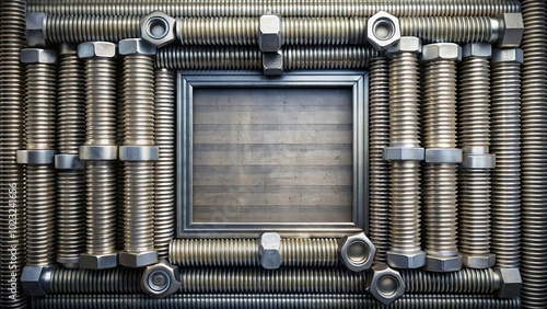 Metallic bolts and nuts forming a frame with copy space on sleek industrial background