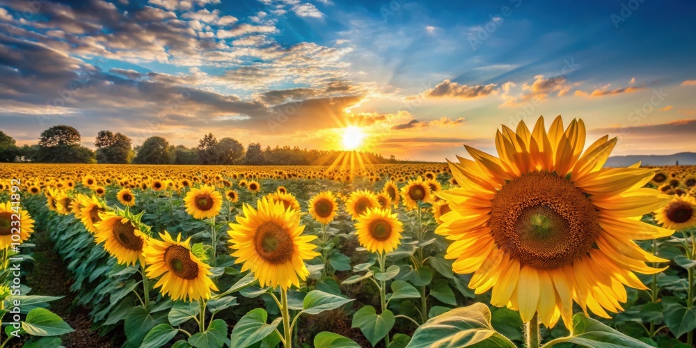 Fototapeta premium Field of Sunflowers in Full Bloom Reaching Towards the Sun in Vibrant Landscape