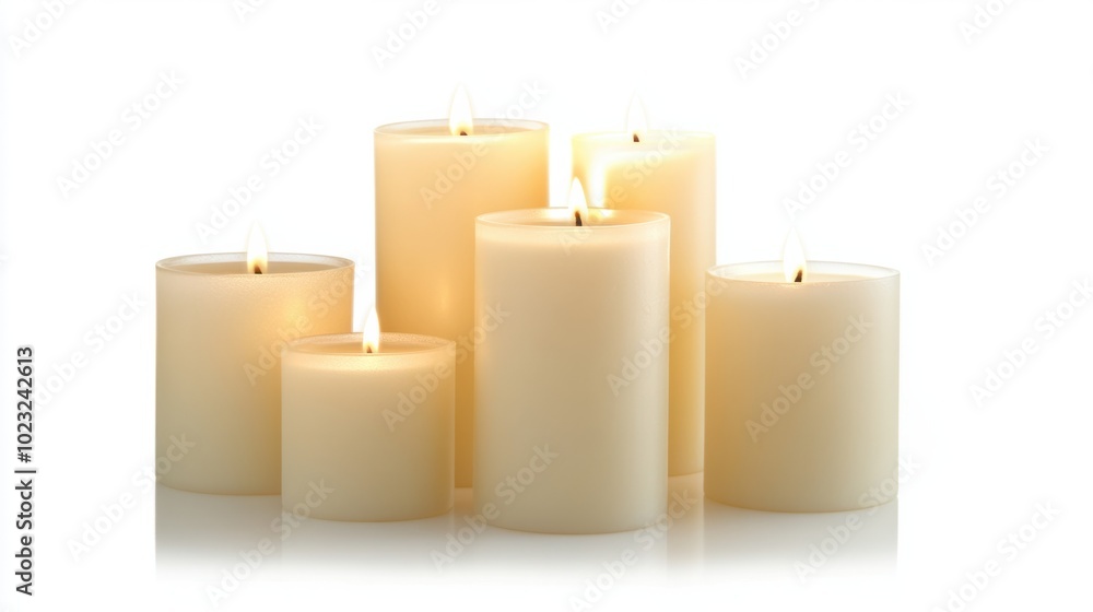Pillar candles with warm flickering flames, isolated on a pure white backdrop Pillar candles with warm flickering flames, isolated on a pure white backdrop