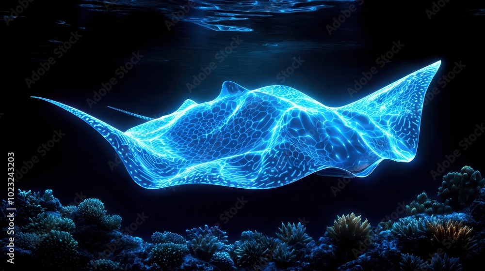 Naklejka premium Glowing manta ray in dark ocean setting