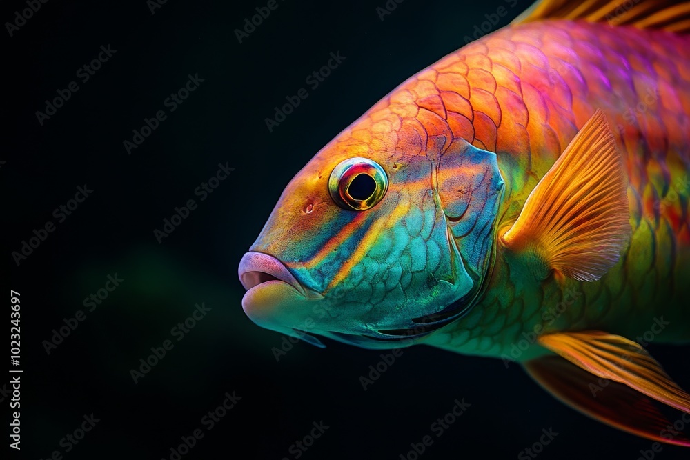 Fototapeta premium Mystic portrait of Bicolor Parrotfish, copy space on right side, Close-up View, isolated on black background