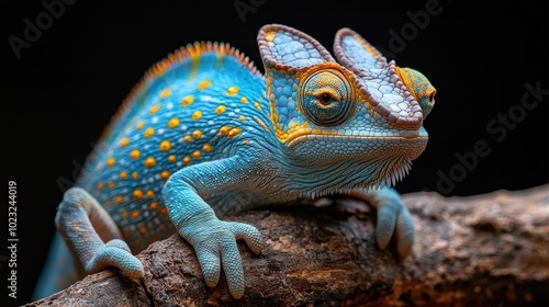 closeup portrait of a chameleon perched on a branch displaying its vibrant colors and textured skin the isolated background enhances its intricate details and captivating gaze