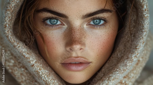 closeup portrait of a freckled woman in a cozy hoodie captured in soft natural lighting evoking candid emotion with a film grain texture that adds warmth and a contemporary lifestyle vibe