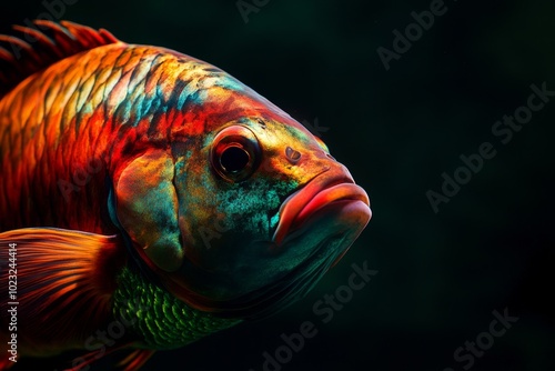 Mystic portrait of Rainbow Parrotfish, copy space on right side, Close-up View, isolated on black background