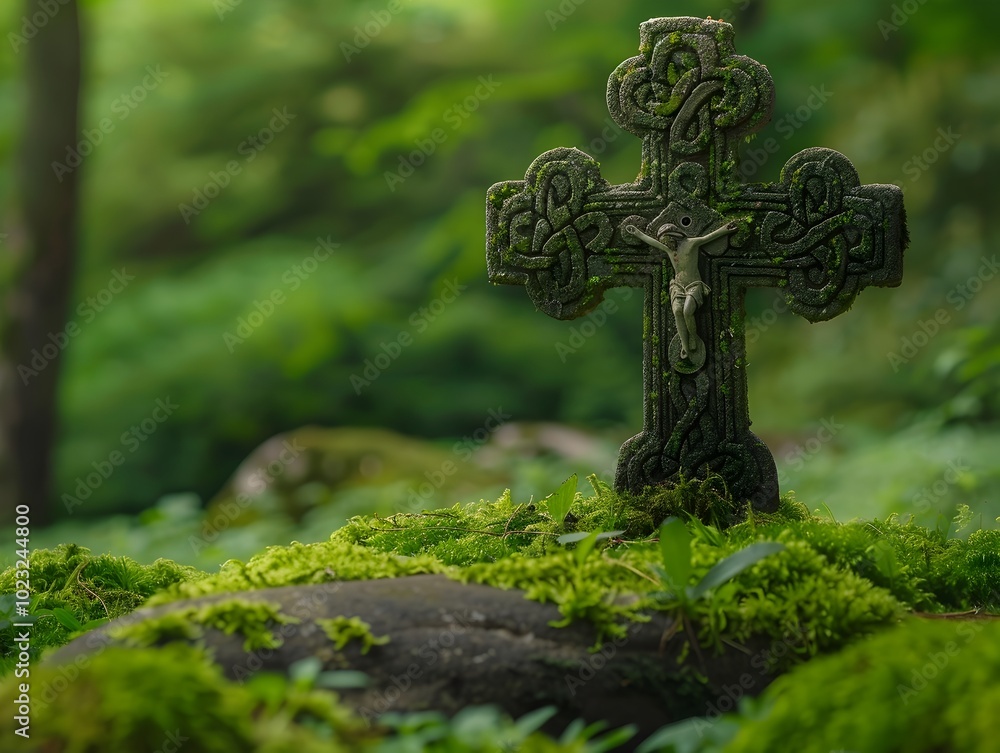 Moss Covered Celtic Cross in Lush Forest Evokes History and Mysticism Moss Covered Celtic Cross in Lush Forest Evokes History and Mysticism