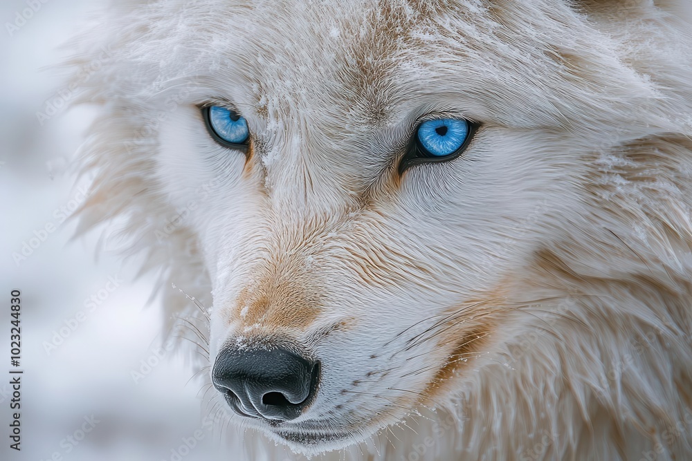 Obraz premium closeup portrait of an arctic wolf amidst a snowy landscape showcasing its striking white fur and piercing blue eyes capturing the rugged beauty and wild spirit of nature in a frozen world