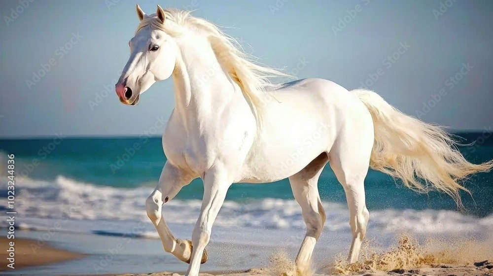 Majestic White Horse Galloping on the Beach Majestic White Horse Galloping on the Beach