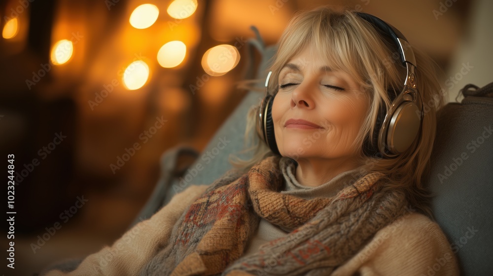 A woman enjoying a peaceful moment, wearing headphones and relaxing in a cozy, softly lit room. Ideal for promoting relaxation, comfort, and mindfulness. A woman enjoying a peaceful moment, wearing headphones and relaxing in a cozy, softly lit room. Ideal for promoting relaxation, comfort, and mindfulness.
