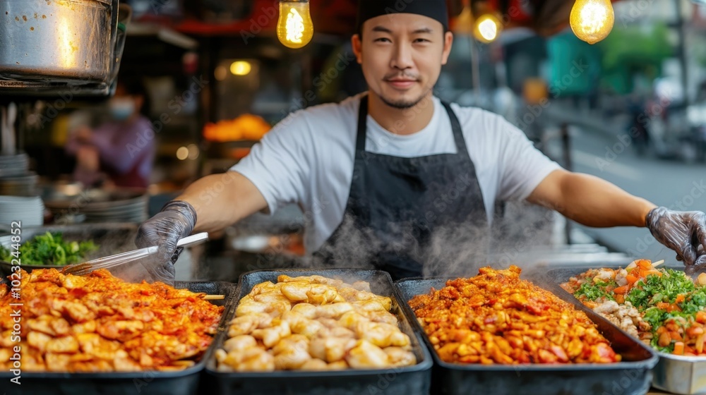 Traveler Tasting and Exploring a Variety of Delicious Local Street Food Dishes at an Outdoor Food Market in a Vibrant Asian City Immersing in the Culinary Culture and Traditions Traveler Tasting and Exploring a Variety of Delicious Local Street Food Dishes at an Outdoor Food Market in a Vibrant Asian City Immersing in the Culinary Culture and Traditions