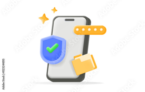 smartphone with a shield, password, and file folder icon. showcasing cybersecurity, data protection, secure file storage, and privacy in mobile apps and systems. 3D illustration vector