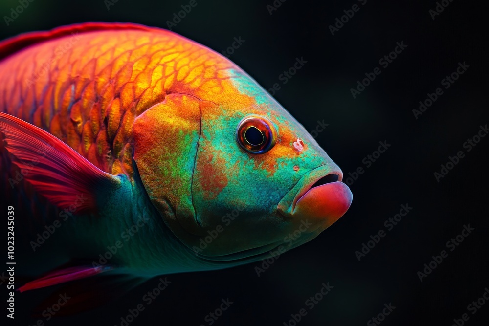 Mystic portrait of Stoplight Parrotfish, copy space on right side, Close-up View, isolated on black background Mystic portrait of Stoplight Parrotfish, copy space on right side, Close-up View, isolated on black background