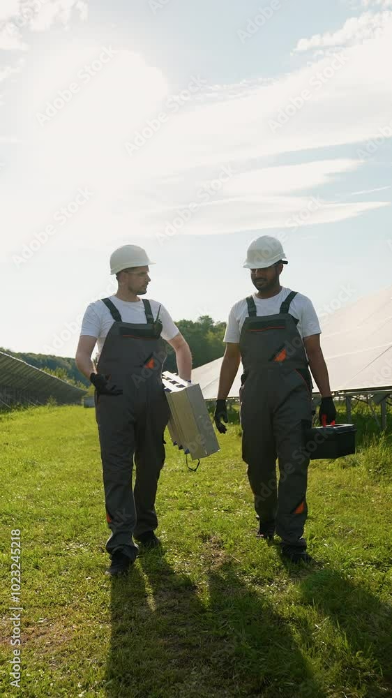 Engineers walk near solar panels for maintenance and inspection Engineers walk near solar panels for maintenance and inspection