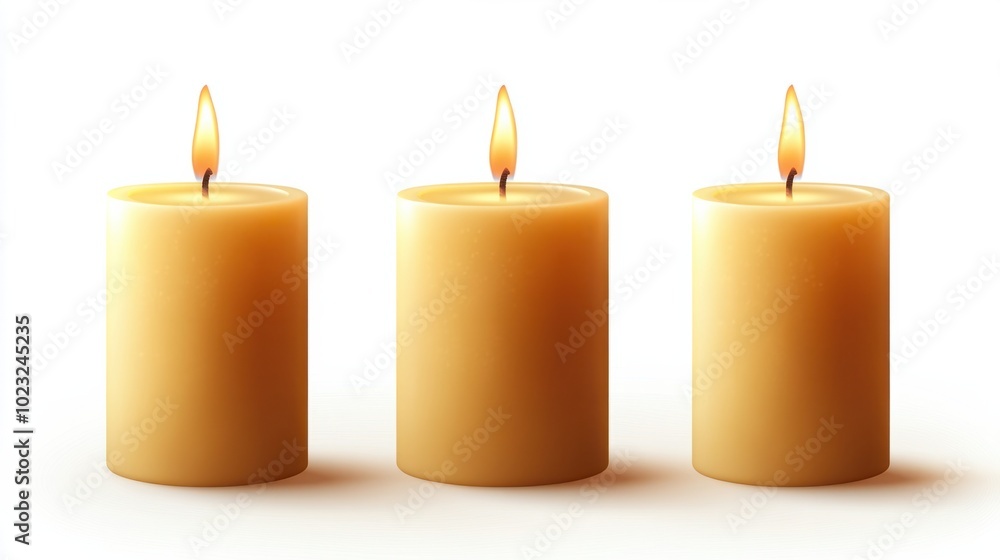 Set of three pillar candles with soft flames isolated on a white background Set of three pillar candles with soft flames isolated on a white background