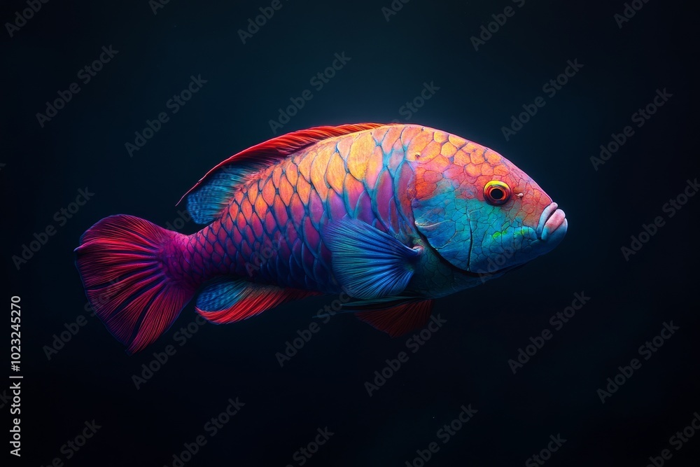 Fototapeta premium the beside view Bicolor Parrotfish, left side view, white copy space on right, Isolated on dark Background
