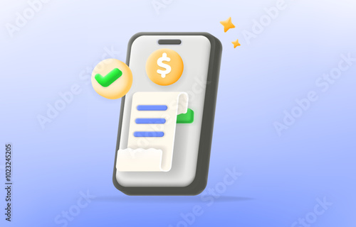 mobile payment concept with a receipt, dollar symbol, and green check mark. Perfect for illustrating online payments, and transaction, 3d illustration vector