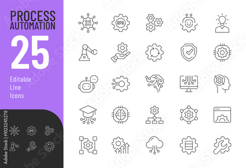 Process Automation Line Editable Icons set. Vector illustration in modern thin line style of technologies related icons: robotic, artificial intelligence, productivity, and more. Pictograms 