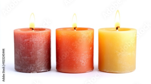 Set of three pillar candles with bright flames isolated on white