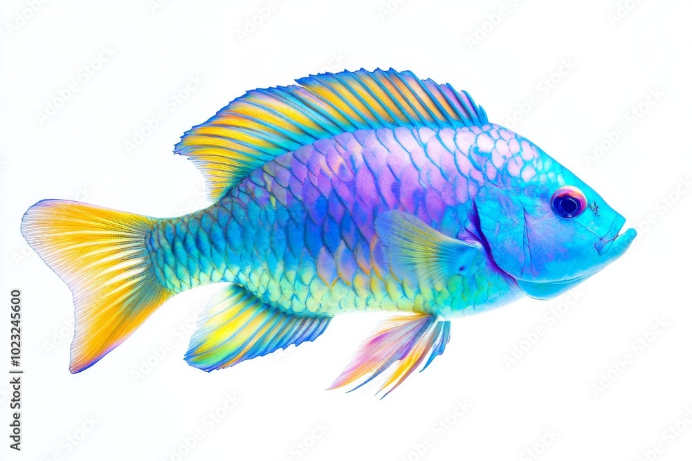 the beside view Queen Parrotfish, left side view, white copy space on right, Isolated on White Background the beside view Queen Parrotfish, left side view, white copy space on right, Isolated on White Background
