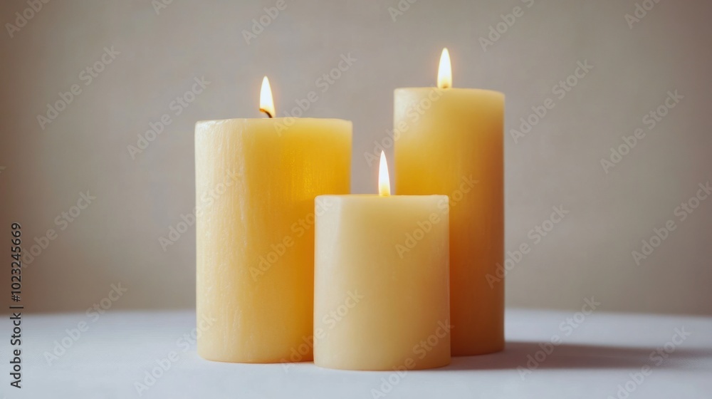 Set of three softly flickering pillar candles isolated against a clean white background Set of three softly flickering pillar candles isolated against a clean white background