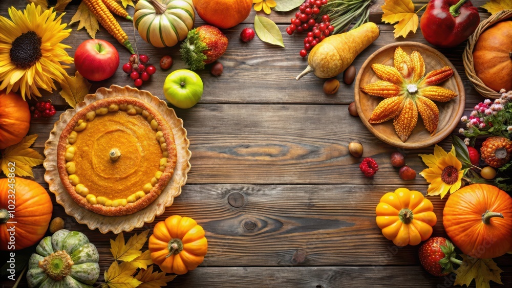 Autumn Thanksgiving Harvest Table Setting with Pumpkin Pie, Variety of Pumpkins, Fall Fruit, and Flowers on Rustic Wooden Background Autumn Thanksgiving Harvest Table Setting with Pumpkin Pie, Variety of Pumpkins, Fall Fruit, and Flowers on Rustic Wooden Background