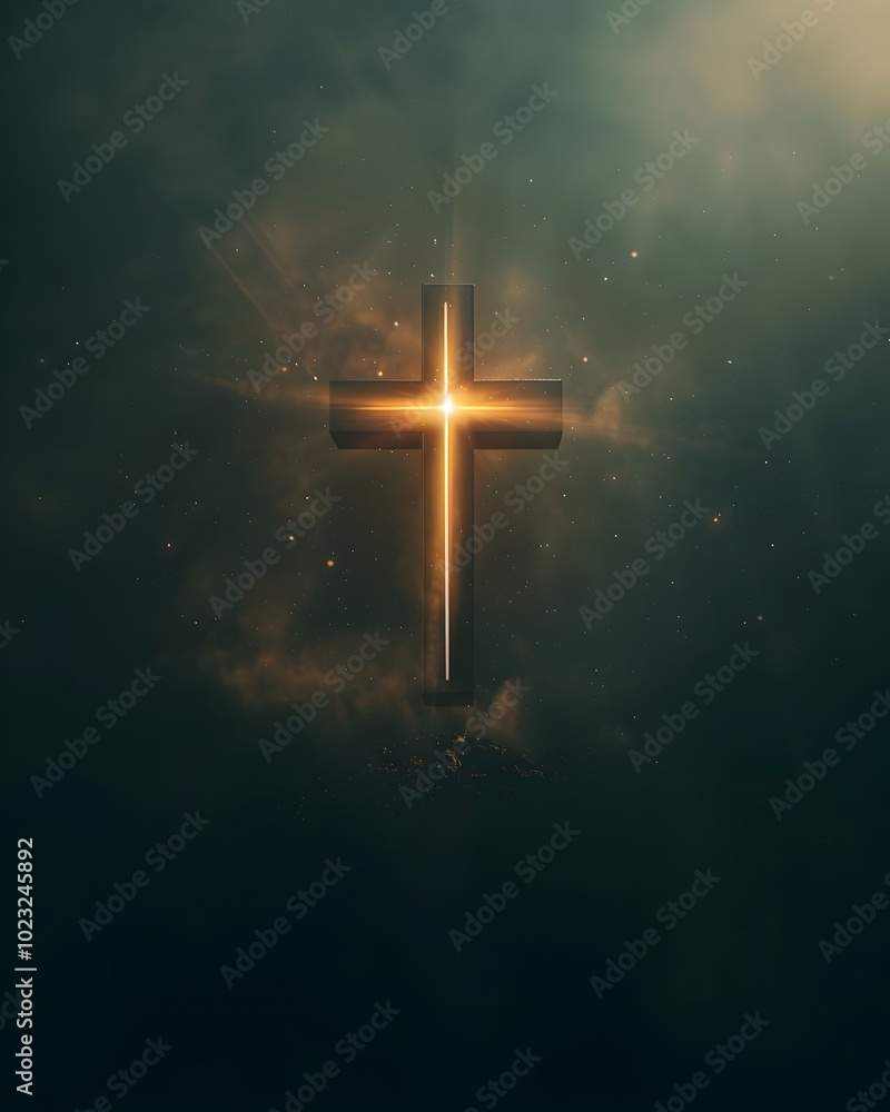 Naklejka premium Intersection of Light and Faith A Glowing Cross in the Celestial Realm