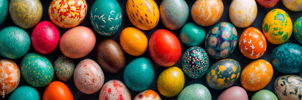 Looking down onto vibrant multi coloured painted Easter eggs Looking down onto vibrant multi coloured painted Easter eggs