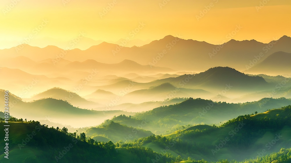 Obraz premium A breathtaking landscape of Thailand misty mountains in the early morning, with layers of