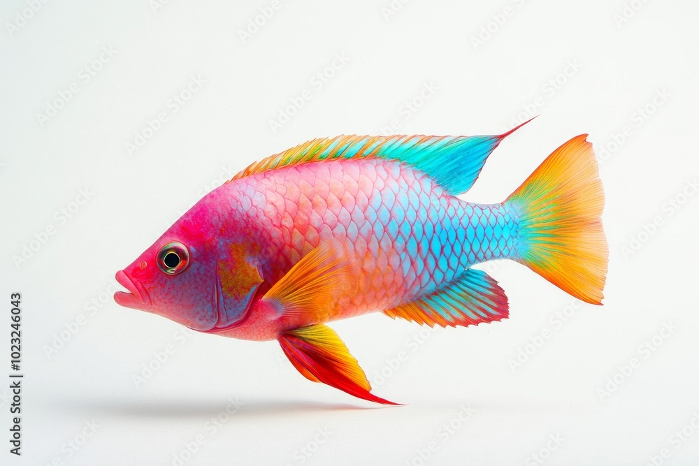 the beside view Redtail Parrotfish, left side view, white copy space on right, Isolated on White Background the beside view Redtail Parrotfish, left side view, white copy space on right, Isolated on White Background